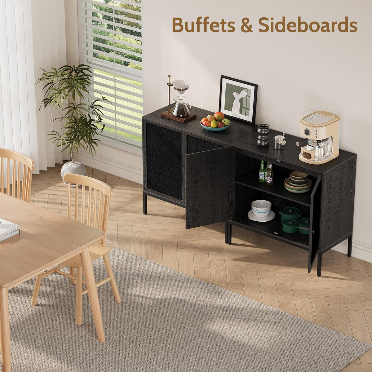 Yechen Full Black Rattan Cabient, Boho Sideboard Cabinet with Natural Rattan Decorated Doors, 31.5" W Accent Cane Credenza Buffet Console Storage, for Living Room Entryway Kitchen, Metal Legs/Set of 3