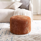 Upholstered Round Pouf Ottoman, Modern Footstool, Orange-Brown | Small Chenille Footrest with Soft Padded Seat & Wood Frame, Accent Vanity Stool for Bedroom (22.6"D x 22.6"W x 16.5"H)