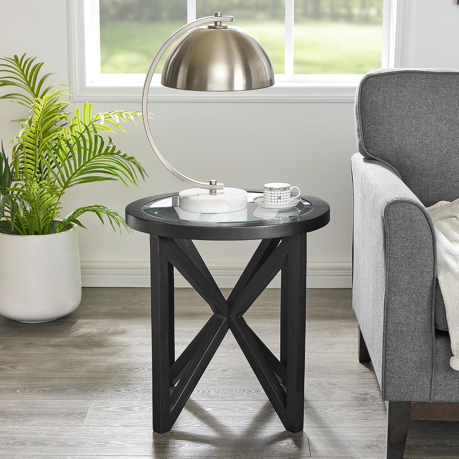 22 inch Round Side Table, Tempered Glass End Table with Solid Wood Base for Living Room, Black