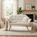 48”Small Loveseat Sofa, Modern Velvet Upholstered Mini Couch 2-Seater Fluffy Love Seat with Quilting Backs and Metal Legs for Small Space Living Room, Bedroom, Beige
