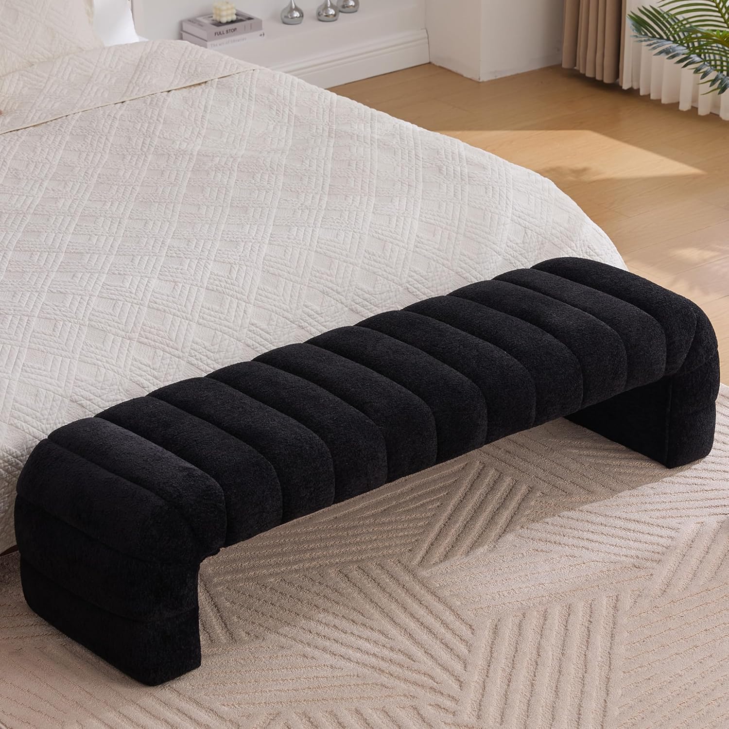 Arched Ottoman Bench for Bedroom Living Room,69.7" Chenille Long Benches for Bed End King Size,Modern Channel Tufted Seating Bench for Entryway,Window,Bedside (Black, 69.7")