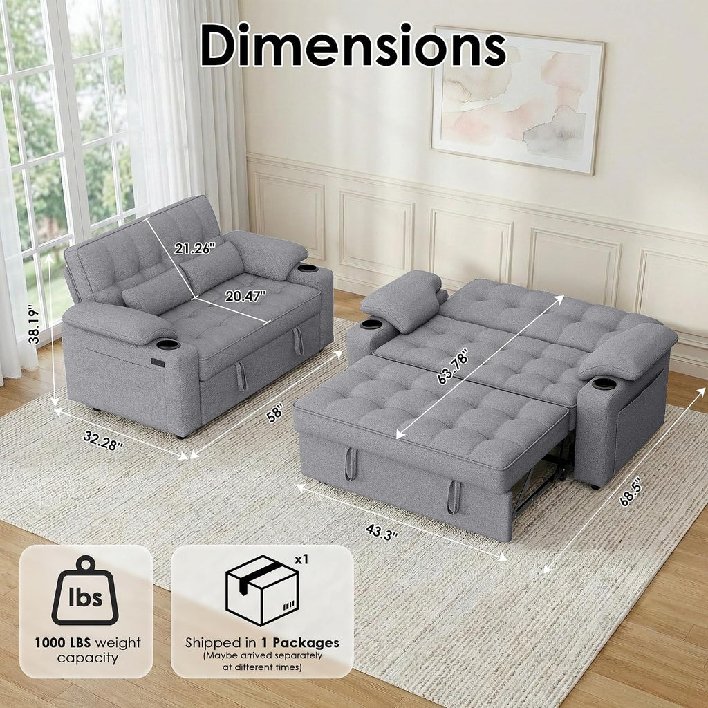 58'' Convertible Sofa Bed with USB Charger and Cup Holders, Teddy Fabric Loveseat Pull Out Couch with Adjustable Backrest and Side Pocket for Small Space(Grey)
