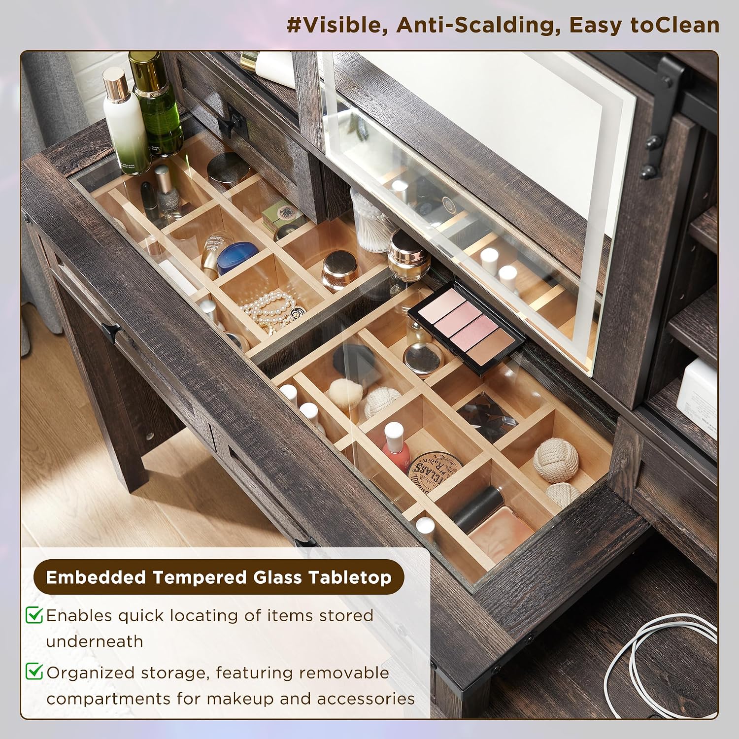 T4TREAM 48'' Farmhouse Makeup Vanity Desk with Sliding HD Mirror and Lights, Big Modern Lighted Vanity Table with 7 Drawers & Shelves, Rustic Large Dressing Table for Bedroom, Dark Rustic Oak