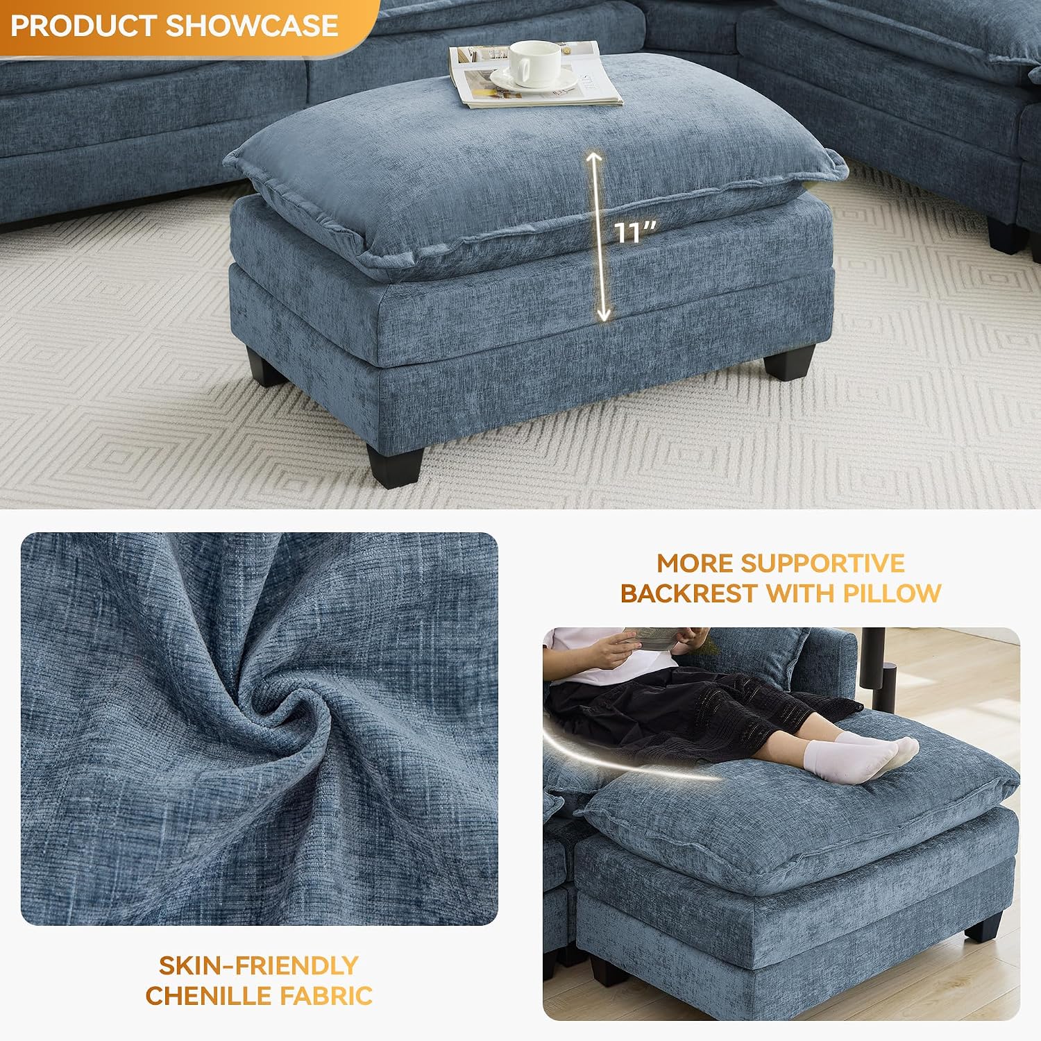 35‘’ Modern Chenille Cloud Sofa Ottoman,Rectangle Ottoman for Modular Sectional Sofa, Blue