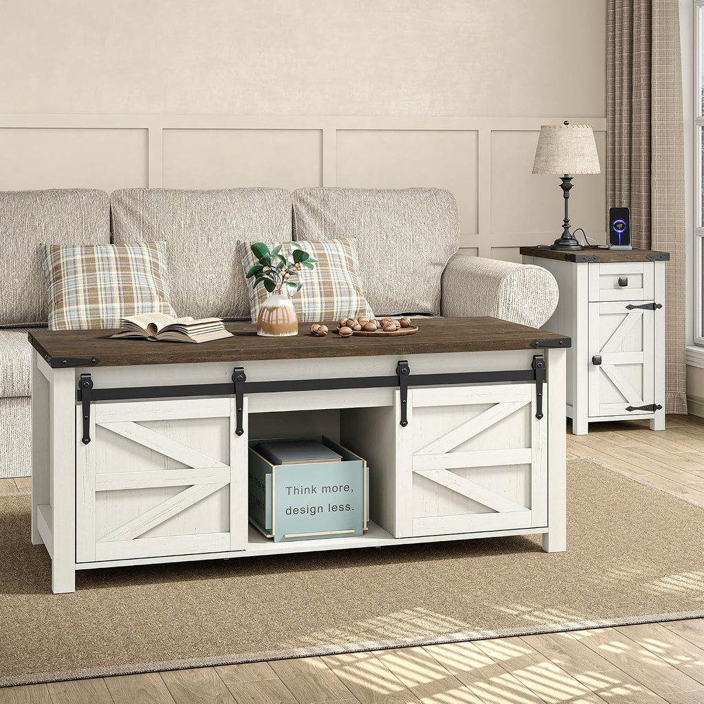 Furnihold Farmhouse CoffeeTable Set of 3, Living Room 3 Pieces Coffee Table Set, End Table Set of 2 with Charging Station and Lift Top Coffee Table with Storage for Home Office, Brown Top