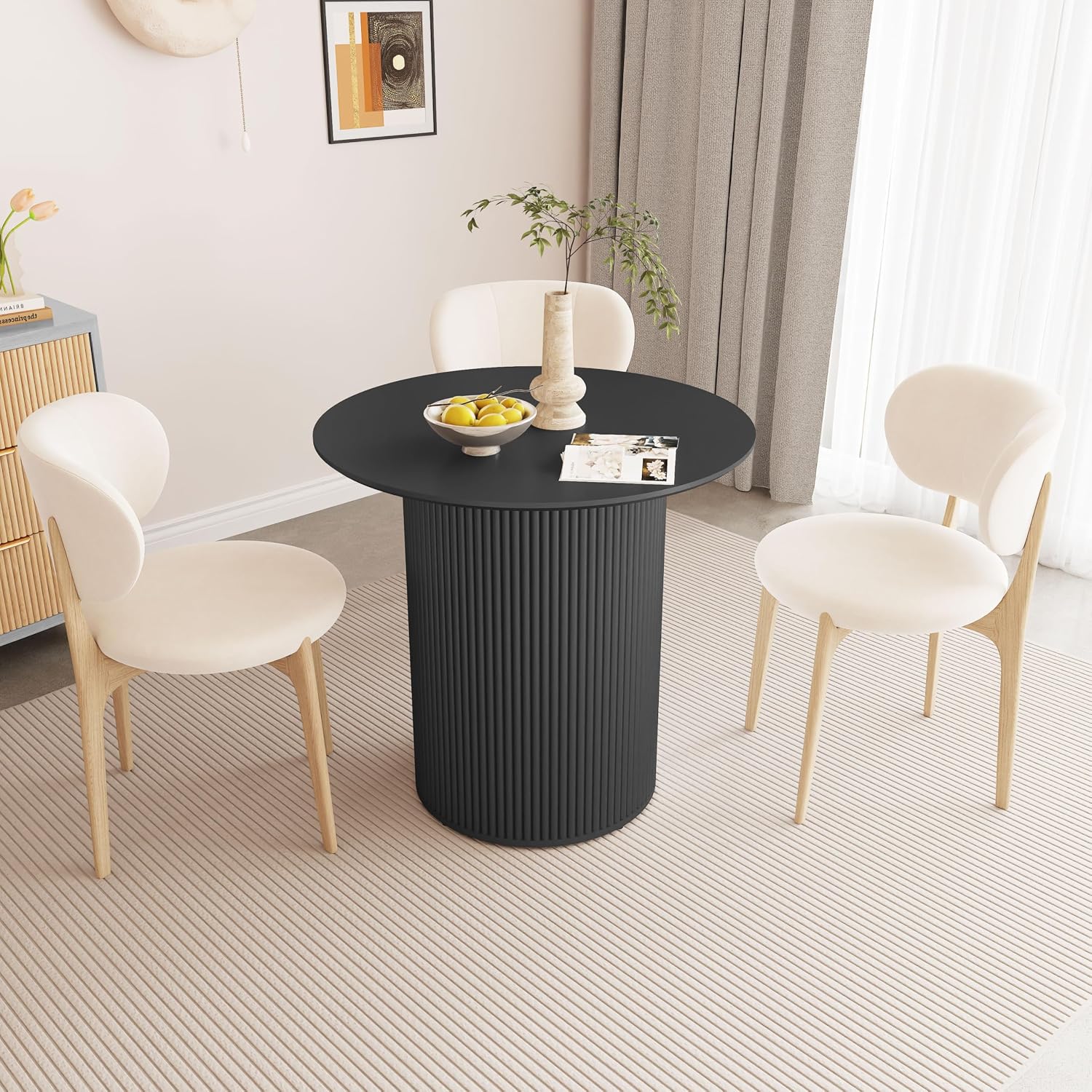 31.5 inch Round Dining Table for 2, Farmhouse Wood Fluted Dinner Round Kitchen Table with Wood Fluted Base, Mid-Century Modern Small Circle Dining Room Ta ble for Kitchen Living Room (Black)
