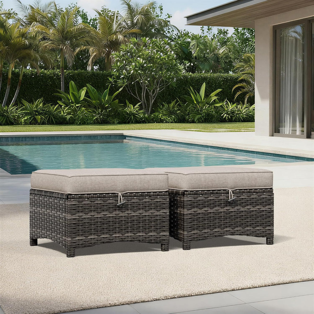 Joyside Outdoor Ottoman Set of 2, Patio Large Ottoman Foot Rest with Thickened Cushions, Outdoor Wicker Foot Stool for Porch, Deck Use