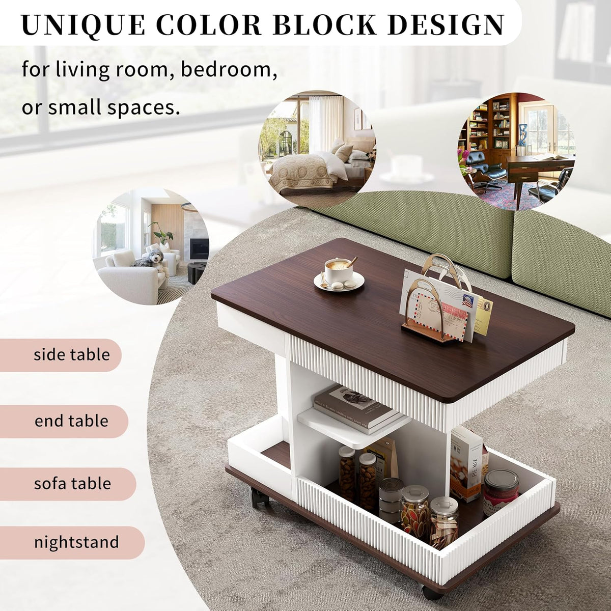 Merax Adjustable End Table with Wheels, Modern Multifunctional Sofa Side Table with Lift-Top, 360°Rotating Top and Storage Space for Living Room, Small Space, Brown+White
