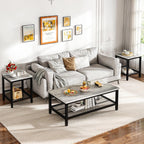 Recaceik 3-Piece Living Room Coffee Table Set, Industrial Coffee Table with 2 Square End Side Tables, Modern Living Room Table Set with Metal Frame for Apartment Home Office (Grey)