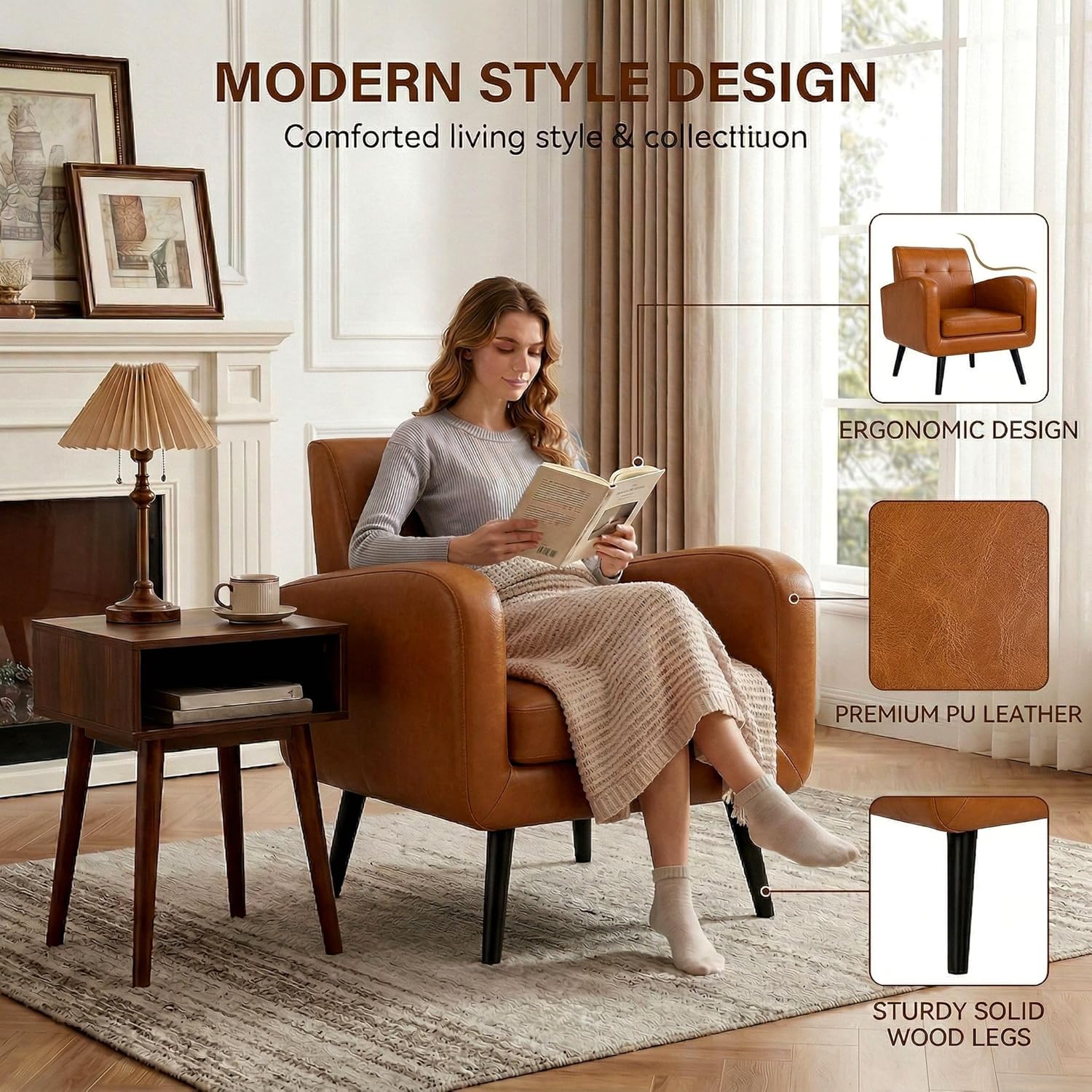 LSSPAID Accent Chair, Modern PU Leather Living Room Chairs, Comfy Upholstered Armchairs Single Sofa Chair with Solid Wood Legs for Apartment, Office, Brown