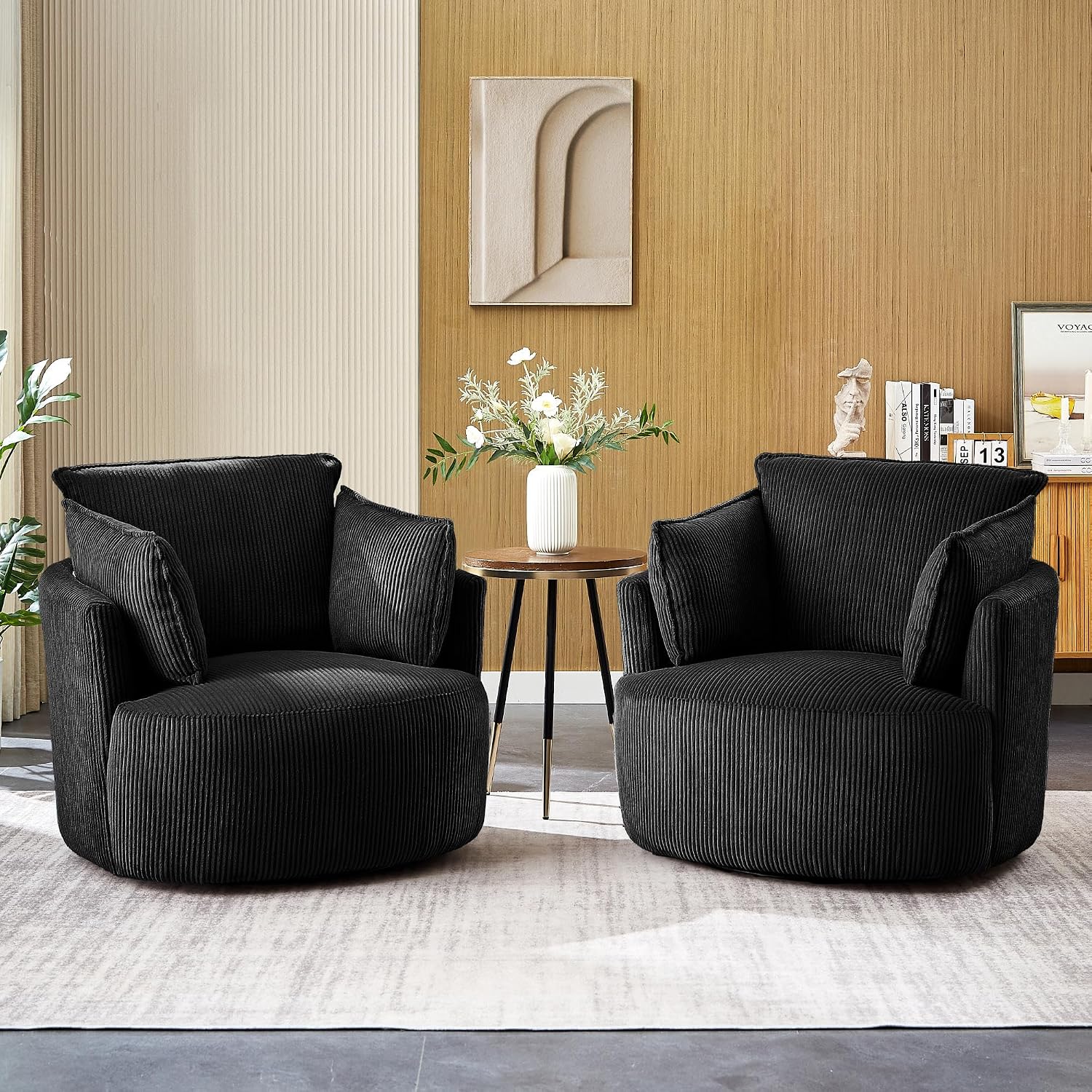 Swivel Accent Chair Round Barrel Armchair Upholstered Living Room Chair Corduroy Reading Chair Single Sofa Chair for Bedroom Apartment Office (Black, Standard 1Seater)