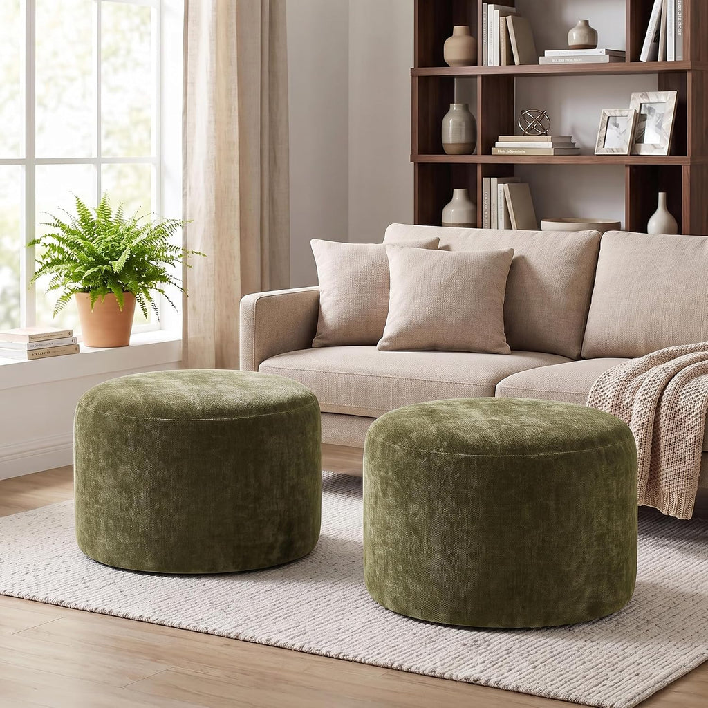Upholstered Round Green Pouf Ottoman Set of 2, Modern Footstools | Chenille Footrest with Soft Padded Seat & Wood Frame, Sage Green Ottoman, Accent Vanity Stool for Living Room and Bedroom