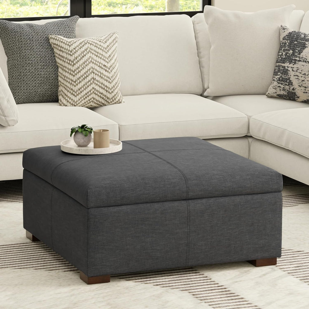 SIMPLIHOME Gabbie 36" Wide Linen Look Fabric Storage Ottoman in Slate Grey | Contemporary ottoman with lift-top storage; rectangle storage bench for living room, bedroom, and entryway.