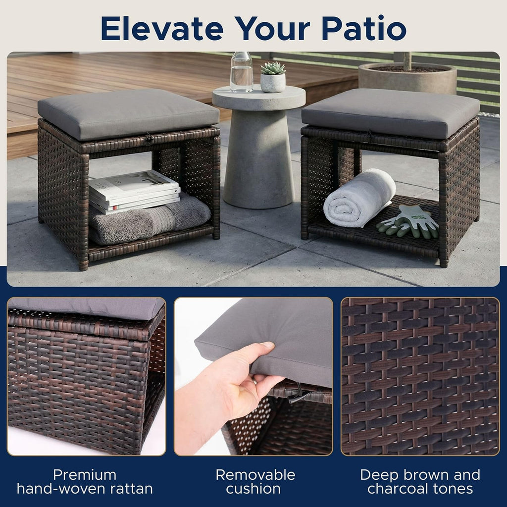 Outdoor Storage Ottoman (Set of 2) - All-Weather Wicker Patio Footstool with Washable Cushions - Sturdy Rattan Foot Rest & Hidden Box for Deck, Porch, Backyard & Balcony