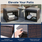 Outdoor Storage Ottoman (Set of 2) - All-Weather Wicker Patio Footstool with Washable Cushions - Sturdy Rattan Foot Rest & Hidden Box for Deck, Porch, Backyard & Balcony