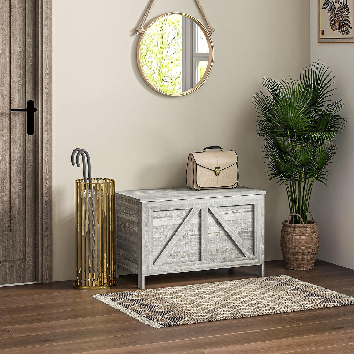 HOMCOM 30" Farmhouse Storage Bench Lift Top Storage Chest in Light Gray | Safety Hinge, Open Up 100°, Wooden Trunk, Bedroom, Entryway, Living Room