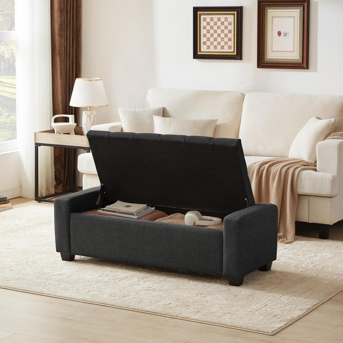 Huatean Home 48" Ottoman with Storage, Dark Gray Storage Ottoman Bench | Upholstered Entryway Bench with Seating for Bedroom, Living Room, Holds up to 330 lb with Safety Hinge