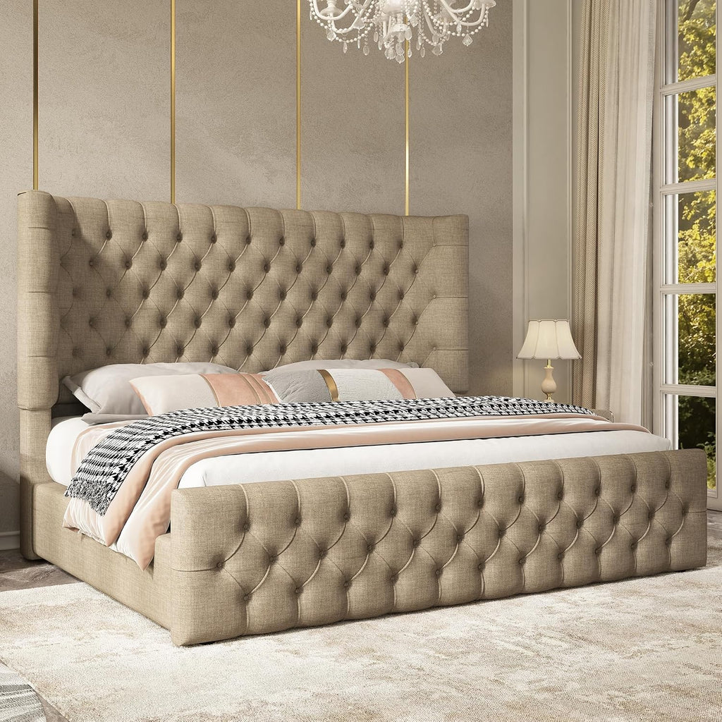 Jocisland King Bed Frame Upholstered Wingback Headboard & Footboard,Khaki