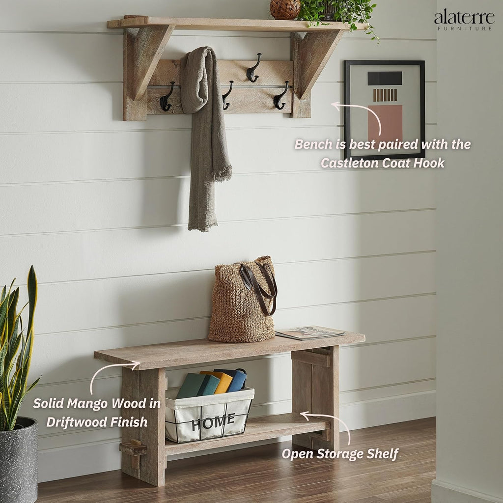 Alaterre Furniture Bethel Entryway Bench with Storage Shelf – Rustic Farmhouse 40-Inch Solid Acacia Wood Seat for Mudroom, Foyer or Hallway (Driftwood Finish)