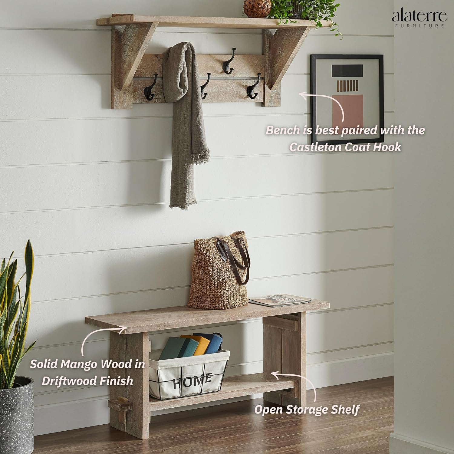 Alaterre Furniture Bethel Entryway Bench with Storage Shelf – Rustic Farmhouse 40-Inch Solid Acacia Wood Seat for Mudroom, Foyer or Hallway (Driftwood Finish)