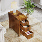 Farmhouse Solid Wood End Table, 3-Drawer Narrow Side Table Slim Chair Table for Living Room, Sofa Table with Drawers, Small Nightstand for Bedroom, No Assembly Required, Brown