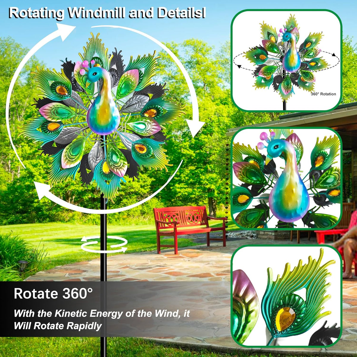 Outdoor Peacock Wind Spinners Featuring Glittering Gem Decor, 13.5" D x 65" H Double Layer Kinetic Wind Sculptures, 360° Rotatable Metal Garden Wind Spinners for Yard and Outdoor Decor Blue