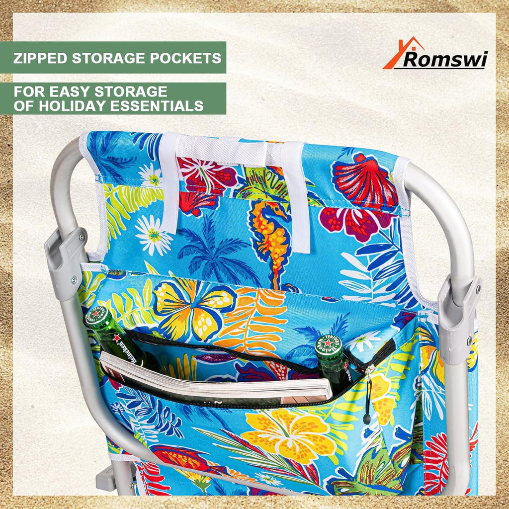 2Pk Aluminum Extra Wide 5-Position Lay Flat Folding Backpack Beach Chairs for Adults, with Cooler Bag, Cup&Phone Holder, Towel Bar for Outdoor Lawn Picnic Sport, Portable Camping Chairs,Tropical Print