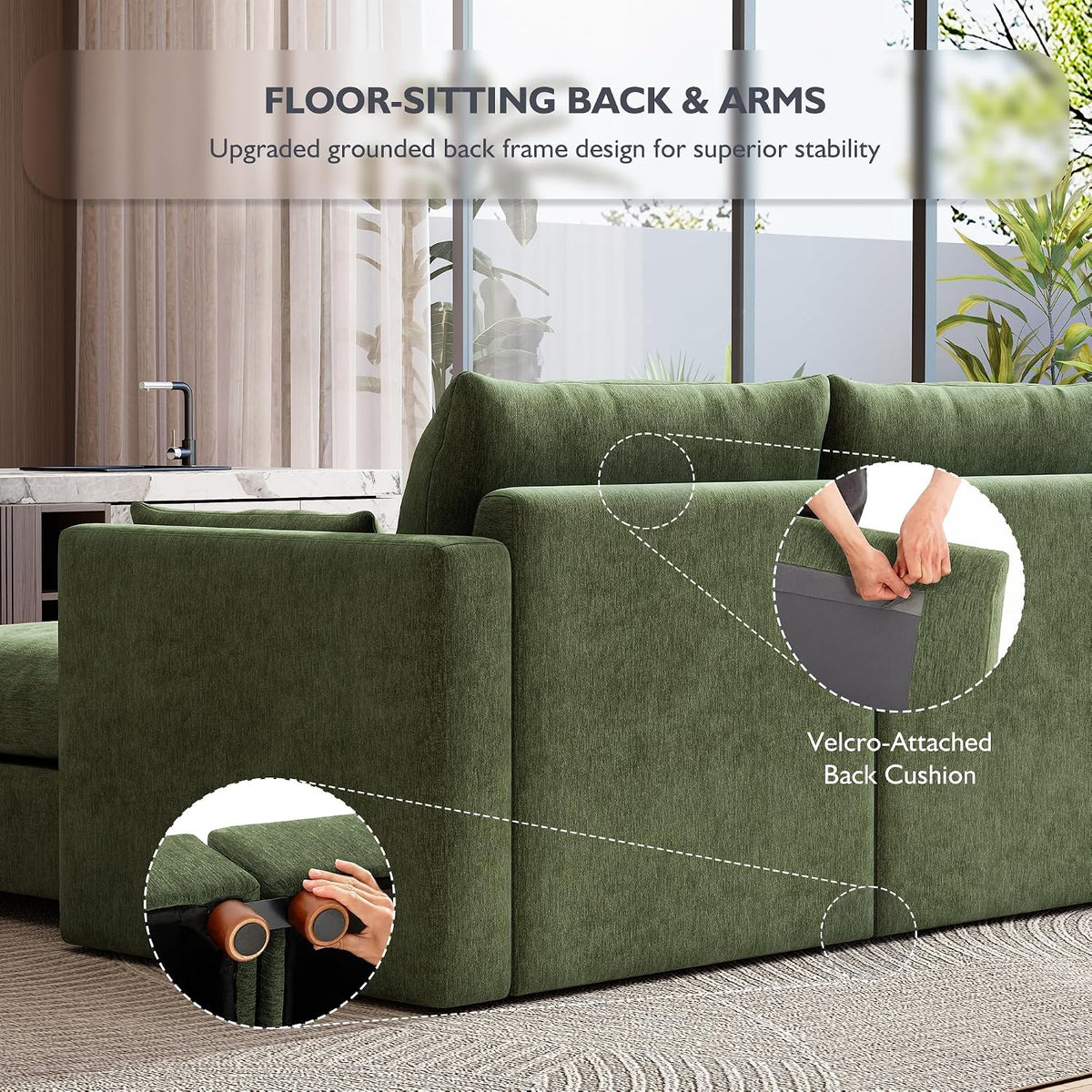 Ihanherry 111" Oversized Modular Sectional Sofa, Modern V Shaped Cloud Couch with Storage Ottoman, 6-Seat Comfy Chenille Deep Seat Sofa with 2 Pillows for Living Room, Green