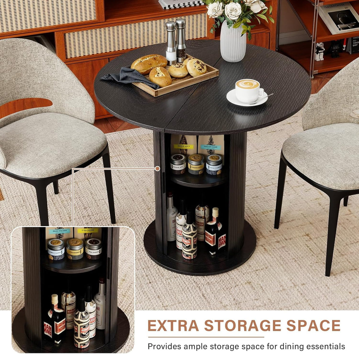Round Dining Table with Storage,31.5" Modern Storage Kitchen Table for 2-4 People with Curved Sliding Door Fluted Wood Thickened Tabletop for Dining Room/Kitchen/Living Room,Black
