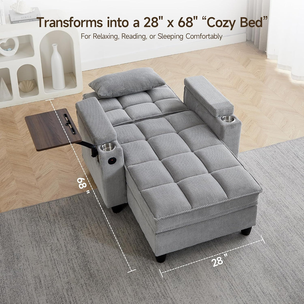hansones 41.7" Chaise Lounge Chair Indoor, Sofa Bed with Adjustable Backrest, Sleep Sofa Couch, Deep Seat Reading Chair, Couches for Living Room with Storage & 360° Swivel Side Table (Gray, 41.7")