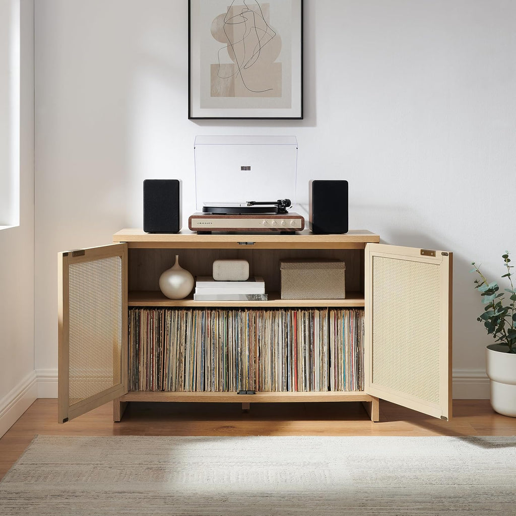 Crosley Furniture Kenji Record Player Cabinet with Vinyl Storage, Media Stand, Modern Home Organizer, Ash