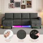 109" Sectional Couch with RGB Lights, U Shaped Couches for Living Room | Wireless Charging, USB & Type-C Port, Storage Ottoman, Reversible Chaise Lounge, Linen Fabric, Dark Grey, for Apartment