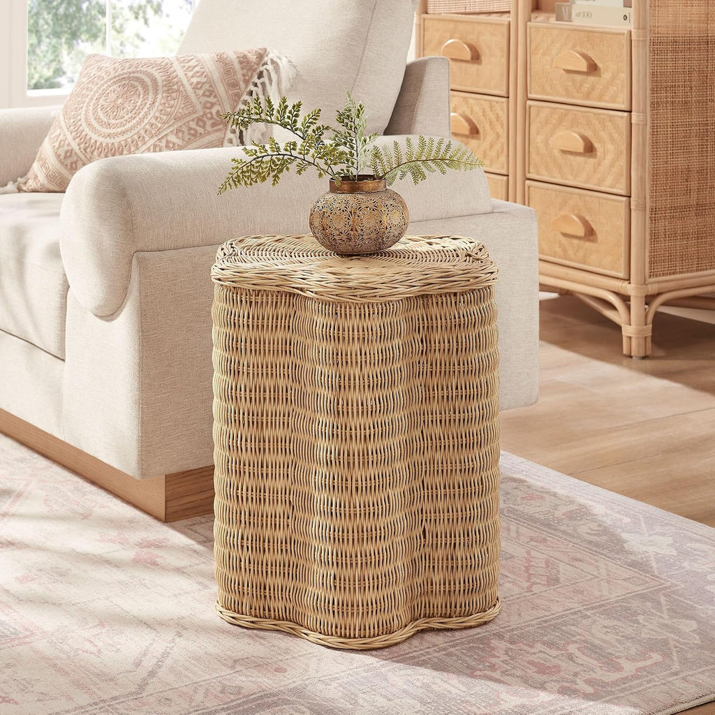 Modway Erika Scalloped Natural Rattan Side Table in Natural – 16 Inch Small Round Accent Stool with Flower-Shaped Top for Living Room, Bedroom, or Covered Patio