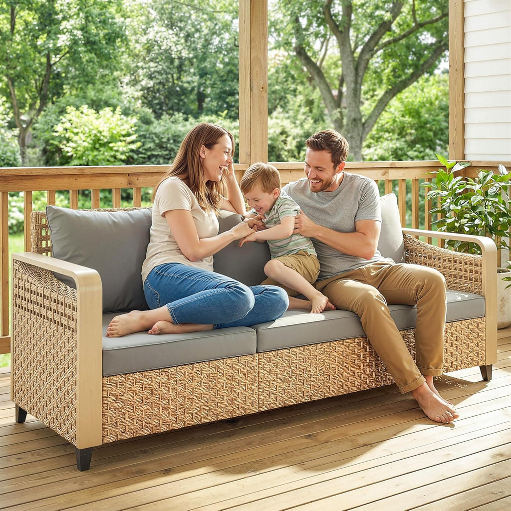 Outsunny Outdoor Patio Couch with Wide and Deep Seat, 3 Seater Wicker Outdoor Sofa with Wide Metal Armrests, Patio Furniture Couch with Cushions for Porch, Garden, Backyard, Gray | Removable Covers