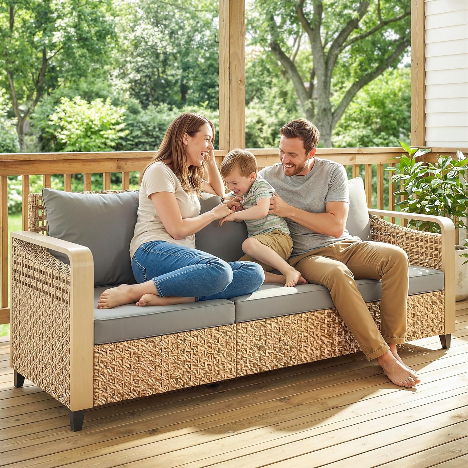Outsunny Outdoor Patio Couch with Wide and Deep Seat, 3 Seater Wicker Outdoor Sofa with Wide Metal Armrests, Patio Furniture Couch with Cushions for Porch, Garden, Backyard, Gray | Removable Covers