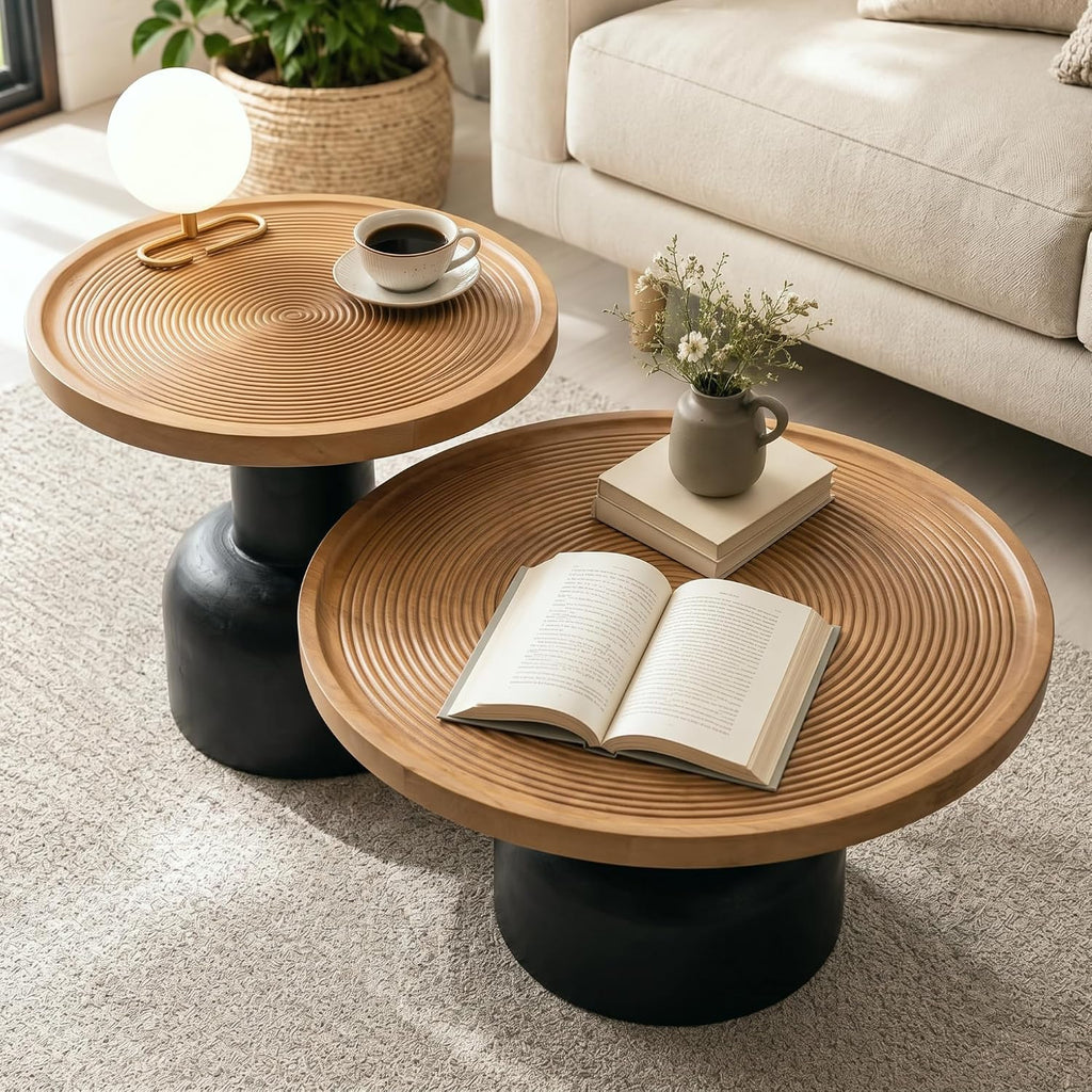 Round Nesting Coffee Table, Reclaimed Wood Top, Circle Texture,Natural | 2-Piece Nesting Table Set with Aged Pine Wood, Carved Ring Texture, Sturdy Pedestal Bases, Round Edges, No Assembly Required