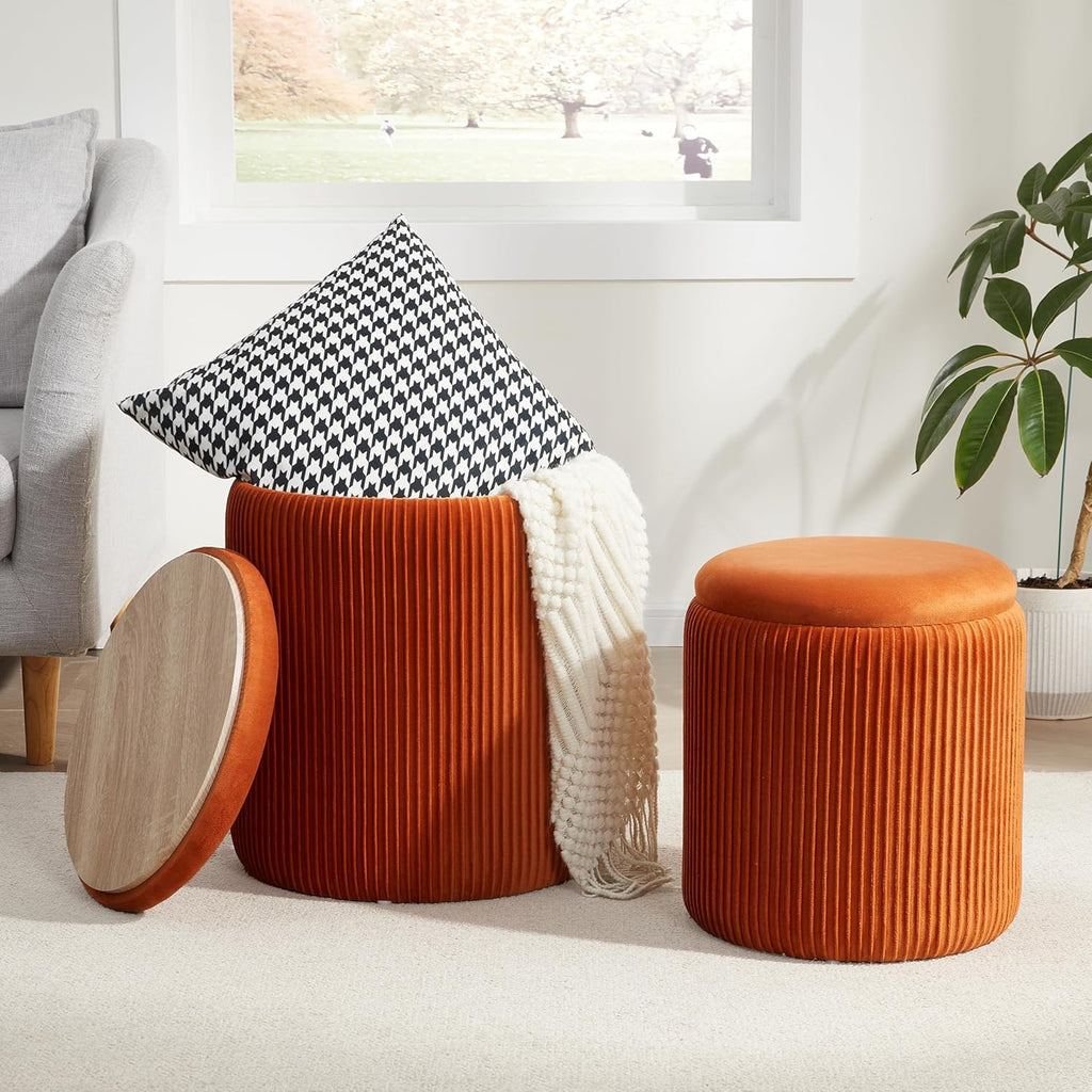 Royal Windsor Round Ottoman with Storage Set of 2, Storage Vanity Stool | Velvet Upholstered Round Storage Ottoman, Ottoman Coffee Table, Small Foot Stool for Living Room & Bedroom, Orange