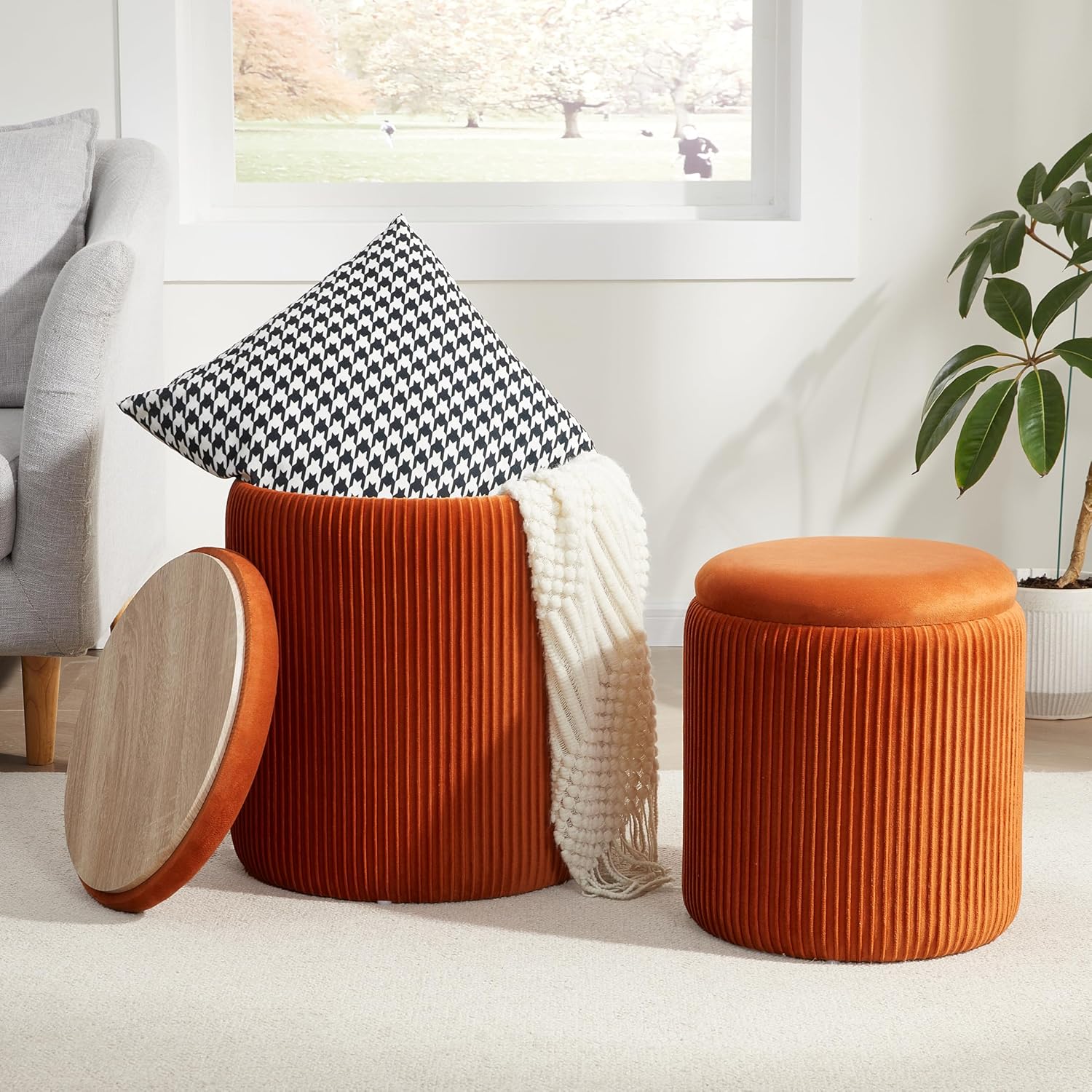 Royal Windsor Round Ottoman with Storage Set of 2, Storage Vanity Stool | Velvet Upholstered Round Storage Ottoman, Ottoman Coffee Table, Small Foot Stool for Living Room & Bedroom, Orange