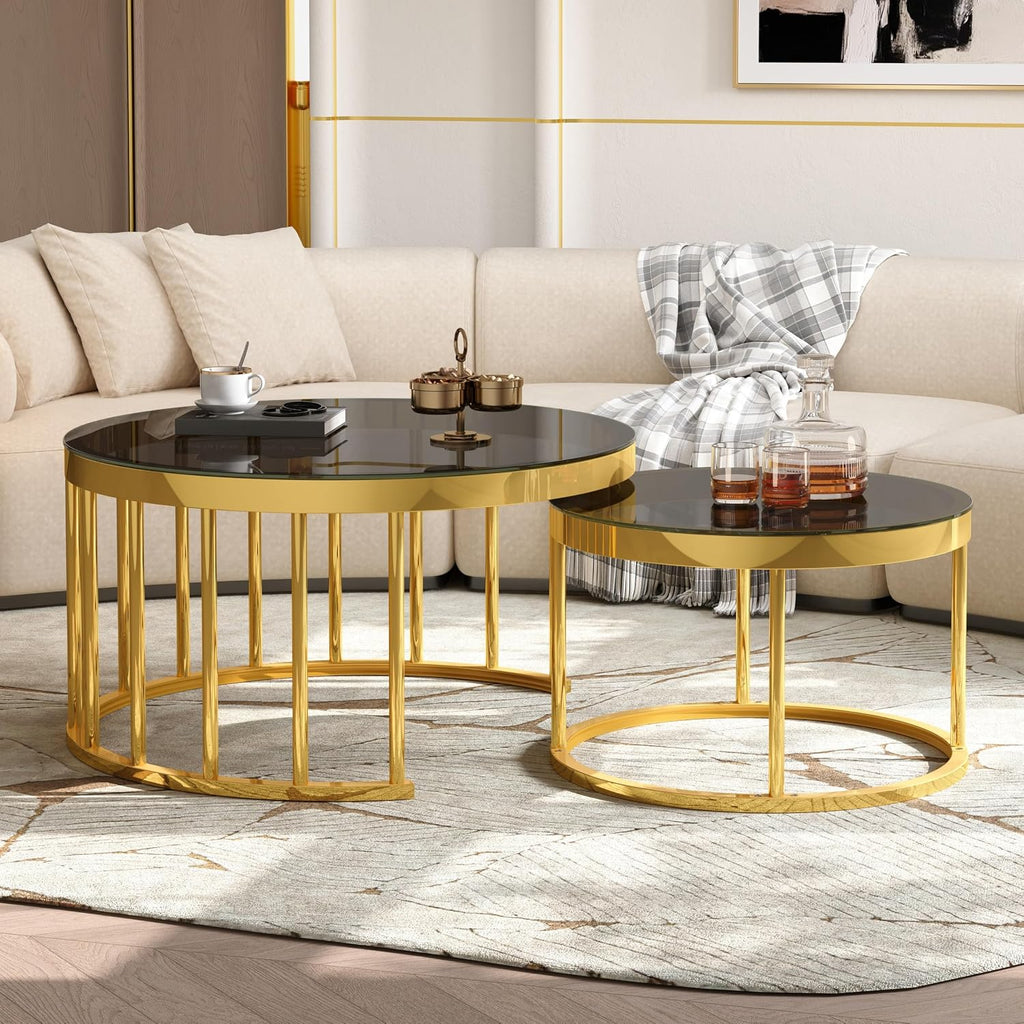 Round Nesting Coffee Table Set of 2 with Gold Frame & Mirrored Top, Black | Modern Circular Cocktail Tables with Tempered Glass, Space-Saving for Living Room & Apartment