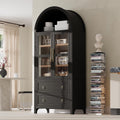 71" Tall Arched Kitchen Pantry with Glass Doors and 2 Large Drawers, Farmhouse Kitchen Storage Cabinet with Adjustable Shelves, Wood Versatile Cupboard for Dining Room (Black-3.12)