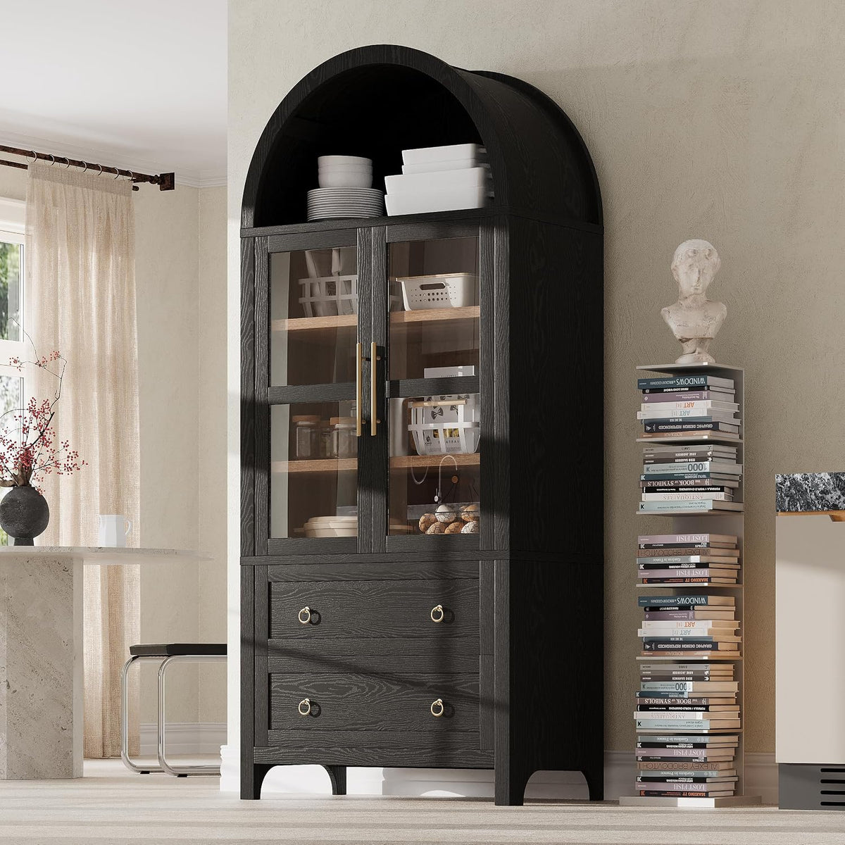 71" Tall Arched Kitchen Pantry with Glass Doors and 2 Large Drawers, Farmhouse Kitchen Storage Cabinet with Adjustable Shelves, Wood Versatile Cupboard for Dining Room (Black-3.12)