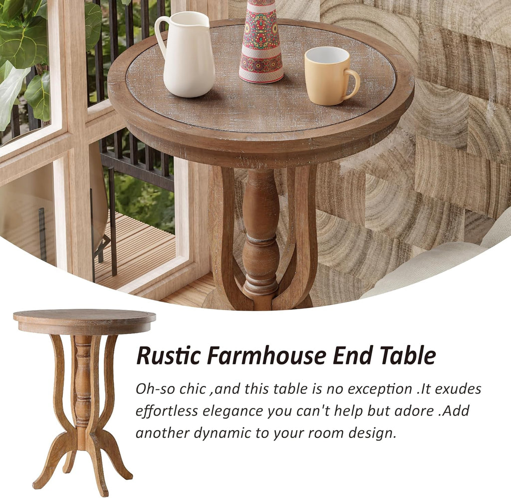 Farmhouse Accent End Table, Rustic Side Table with Natural Top for Family, Dining or Living Room, Handcrafted Finish, Narural Wood Color