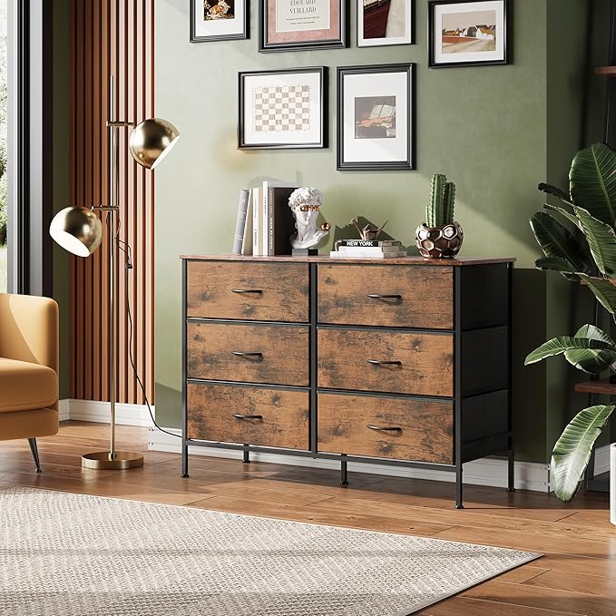 WLIVE Dresser for Bedroom with 6 Drawers, Wide Fabric Dresser TV Stand for 50 Inches TV, with Metal Frame, Wooden Top, Fabric Storage Dresser for Bedroom, Hallway, Entryway, Rustic Brown