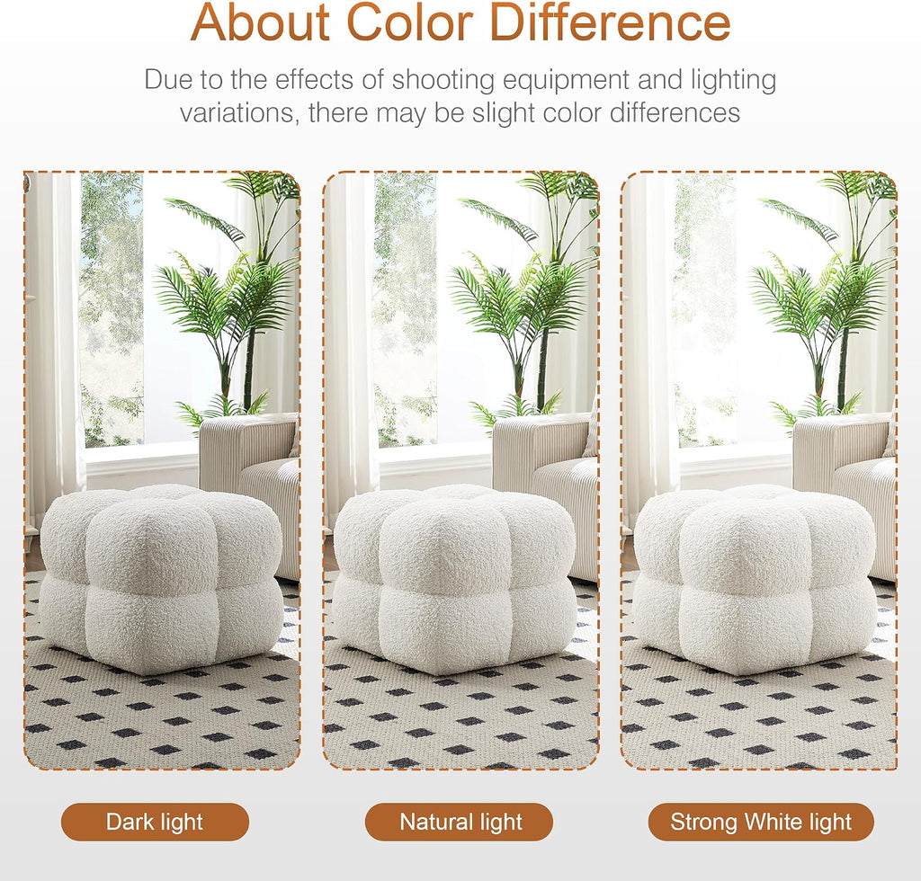 Zesthouse Square Pouf Ottomans Set of 2, Modern Backless Vanity Stool for Bedroom, White Fuzzy Foot Rest for Couch, Upholstered Tufted Footstool, Sherpa Fabric Ottoman Coffee Table for Living Room