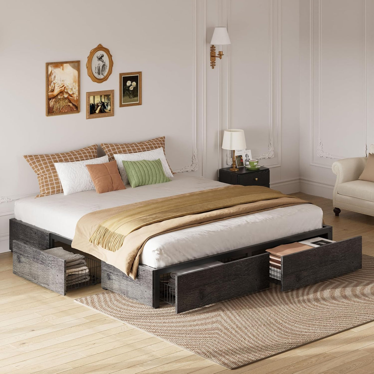 LIKIMIO King Bed Frame with 4 Storage Drawers, Charcoal Grey