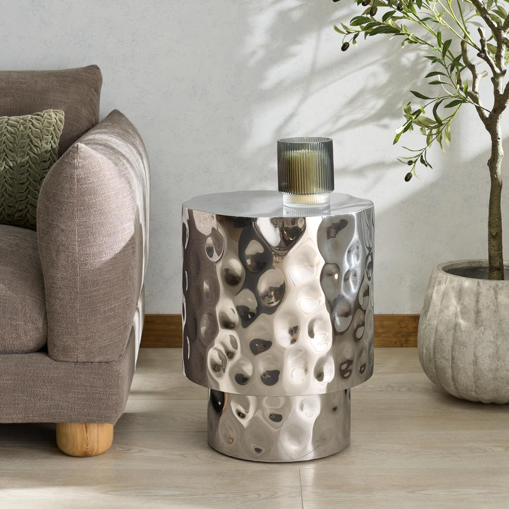 SAFAVIEH Couture Collection - Janalee Chrome Hammered Steel Accent Table, Round Side Table, Sculptural Modern Design, Fully Assembled (SFV7912A)
