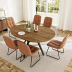 HIPIHOM Extendable Round Dining Table Set for 6 People, 43.3"-59.1" Extendable Kitchen Table with 6 Upholstered Chairs, Space Saving for Kitchen Dining Room (Walnut Table+6 U-Shaped Brown Chairs)