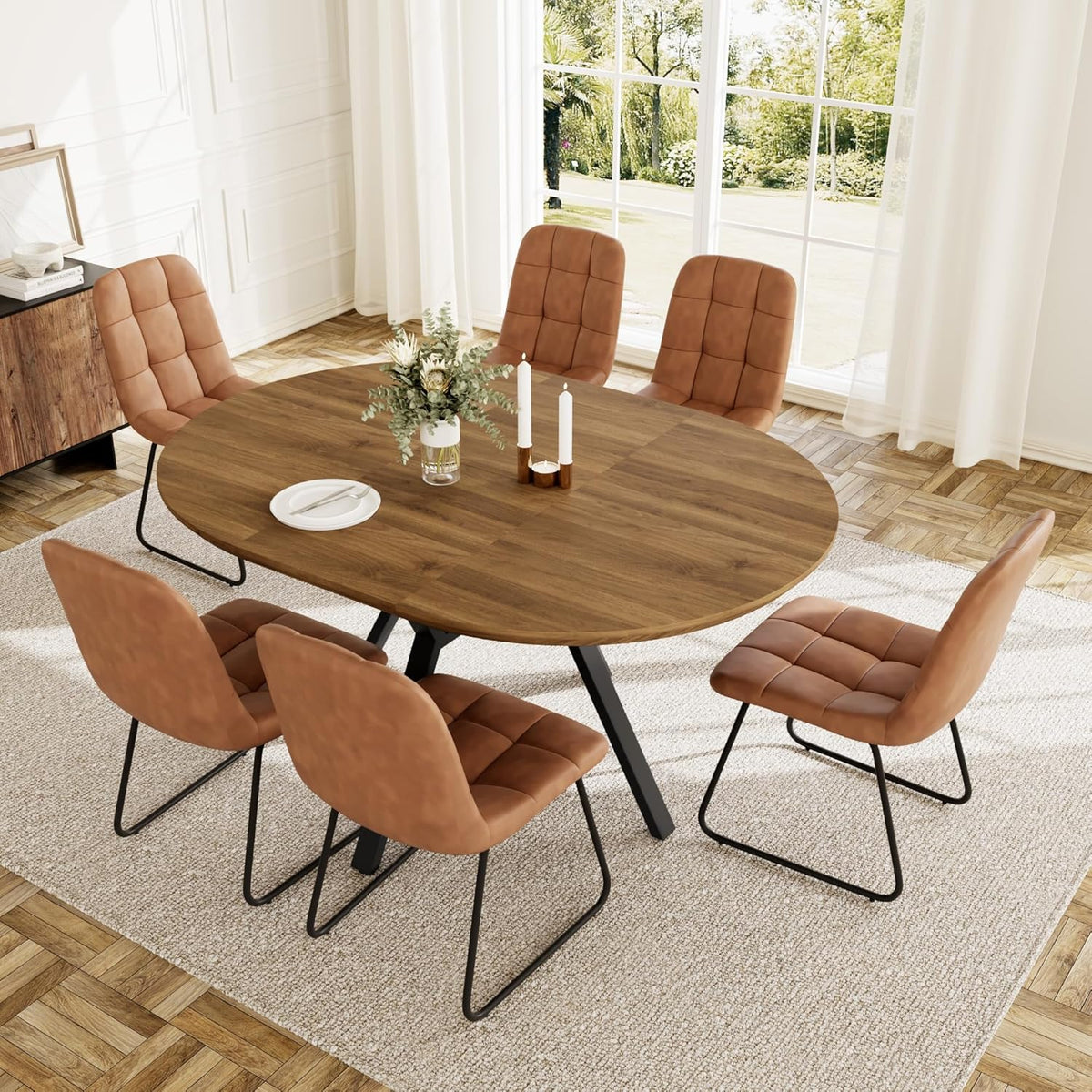 HIPIHOM Extendable Round Dining Table Set for 6 People, 43.3"-59.1" Extendable Kitchen Table with 6 Upholstered Chairs, Space Saving for Kitchen Dining Room (Walnut Table+6 U-Shaped Brown Chairs)