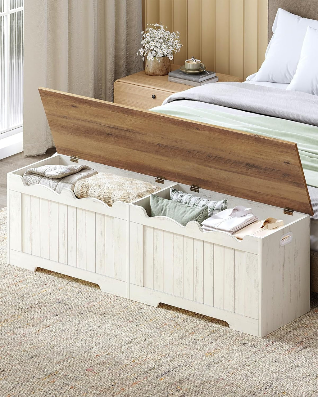 Hzuaneri 59" Storage Chest, Storage Bench Trunk with 2 Hinges, Wooden Box, Lift-Top Chest Organizer, Shoe Bench for Entryway, Bedroom, Living Room, Rustic White SB01514X