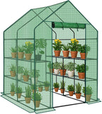 Outvita Walk-in Greenhouse, Outdoor Durable PE Plant Green House for Frost Protection with 3 Tiers 8 Shelves, Shelf Clips, Roll-up Zipper Door, 56"x56"x77" Green